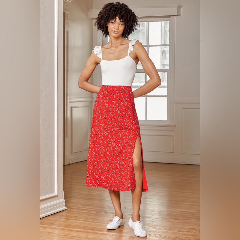 Lulus Red Floral Midi Skirt XL